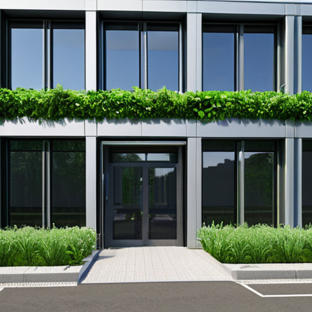 **

Prompt: A modern office building with green foliage integrated into its design, solar panels on the roof, showcasing a company's commitment to sustainability and attracting talented employees. Happy people are entering the building. Focus on the building's exterior and its eco-friendly features. Corporate Social Responsibility (CSR).

**