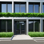 **

Prompt: A modern office building with green foliage integrated into its design, solar panels on the roof, showcasing a company's commitment to sustainability and attracting talented employees. Happy people are entering the building. Focus on the building's exterior and its eco-friendly features. Corporate Social Responsibility (CSR).

**