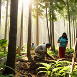 **

A lush, diverse forest scene. Sunlight filters through the canopy, illuminating various native tree species. In the foreground, local community members are planting saplings with smiles, emphasizing collaboration. The image should convey a sense of hope and ecological restoration, with focus on sustainable forest management. Style: Soft, natural lighting; detailed foliage; warm color palette.

**