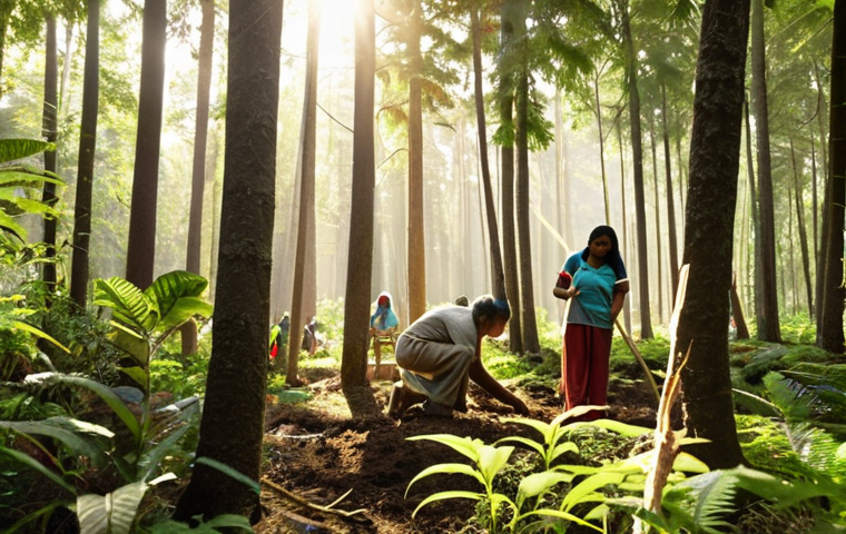 **

A lush, diverse forest scene. Sunlight filters through the canopy, illuminating various native tree species. In the foreground, local community members are planting saplings with smiles, emphasizing collaboration. The image should convey a sense of hope and ecological restoration, with focus on sustainable forest management. Style: Soft, natural lighting; detailed foliage; warm color palette.

**