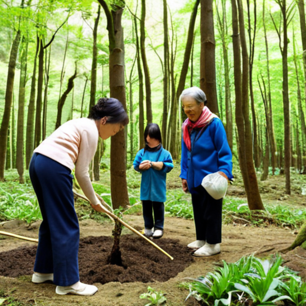 **

"A diverse group of local residents, including children and elderly individuals, collaboratively planting tree saplings in a lush, green satoyama forest. Focus on the community aspect and the intergenerational collaboration, emphasizing the joyful and unified atmosphere of the planting event."

**