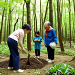 **

"A diverse group of local residents, including children and elderly individuals, collaboratively planting tree saplings in a lush, green satoyama forest. Focus on the community aspect and the intergenerational collaboration, emphasizing the joyful and unified atmosphere of the planting event."

**