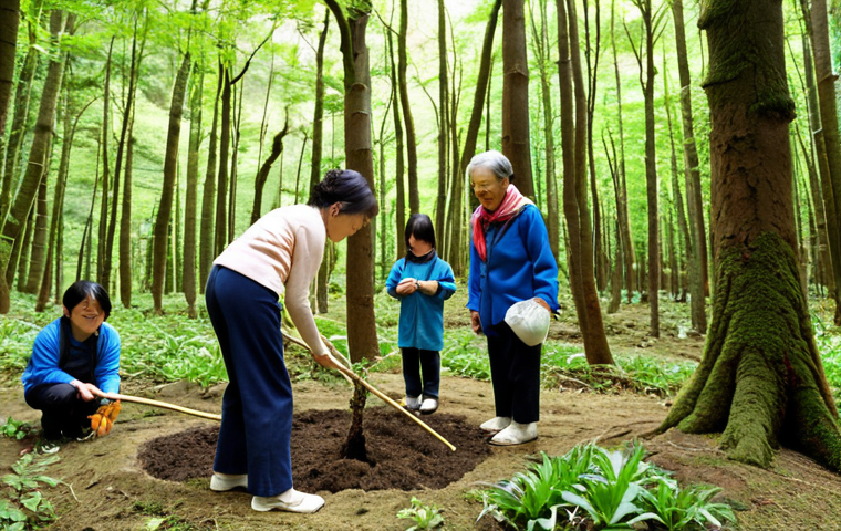 **

"A diverse group of local residents, including children and elderly individuals, collaboratively planting tree saplings in a lush, green satoyama forest. Focus on the community aspect and the intergenerational collaboration, emphasizing the joyful and unified atmosphere of the planting event."

**