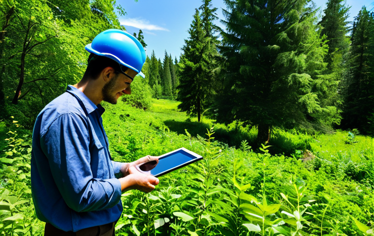 A diverse team of professional environmental scientists and local experts, fully clothed in modest field attire, actively collaborating in a vibrant, newly reforested area. One person holds a tablet displaying real-time environmental data, while a small drone subtly hovers in the background, symbolizing advanced remote sensing and AI analysis. The atmosphere is optimistic and collaborative, with lush green foliage under a clear sky. Perfect anatomy, correct proportions, natural pose, well-formed hands, proper finger count, natural body proportions, professional photography, high quality, safe for work, appropriate content, family-friendly.