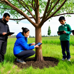 A diverse group of community volunteers and a professional environmental scientist collaboratively engaging in a carbon sequestration tree-planting project. The scientist, wearing professional dress, is holding a tablet displaying tree growth data, subtly illustrating the use of AI. Children in modest, appropriate attire are carefully planting young saplings alongside adults. The setting is a vibrant, newly forested area under a clear, bright sky, symbolizing hope and growth. The atmosphere is one of collaborative effort and innovation for a sustainable future. Fully clothed, safe for work, appropriate content, perfect anatomy, correct proportions, natural pose, well-formed hands, proper finger count, natural body proportions, professional photography, high quality, family-friendly.