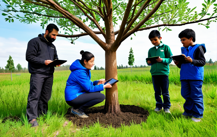 A diverse group of community volunteers and a professional environmental scientist collaboratively engaging in a carbon sequestration tree-planting project. The scientist, wearing professional dress, is holding a tablet displaying tree growth data, subtly illustrating the use of AI. Children in modest, appropriate attire are carefully planting young saplings alongside adults. The setting is a vibrant, newly forested area under a clear, bright sky, symbolizing hope and growth. The atmosphere is one of collaborative effort and innovation for a sustainable future. Fully clothed, safe for work, appropriate content, perfect anatomy, correct proportions, natural pose, well-formed hands, proper finger count, natural body proportions, professional photography, high quality, family-friendly.