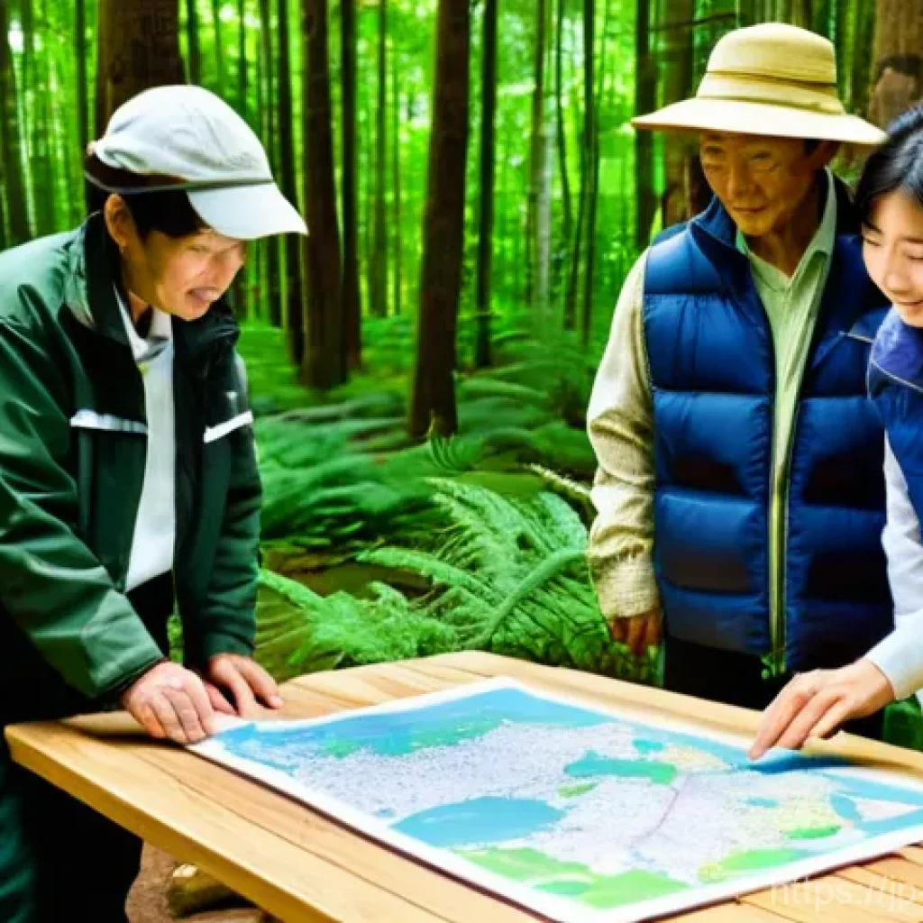 탄소 격리 식재 프로젝트의 법적 측면 - **Prompt:** A diverse group of people, including a wise-looking elderly Japanese forest owner with a...