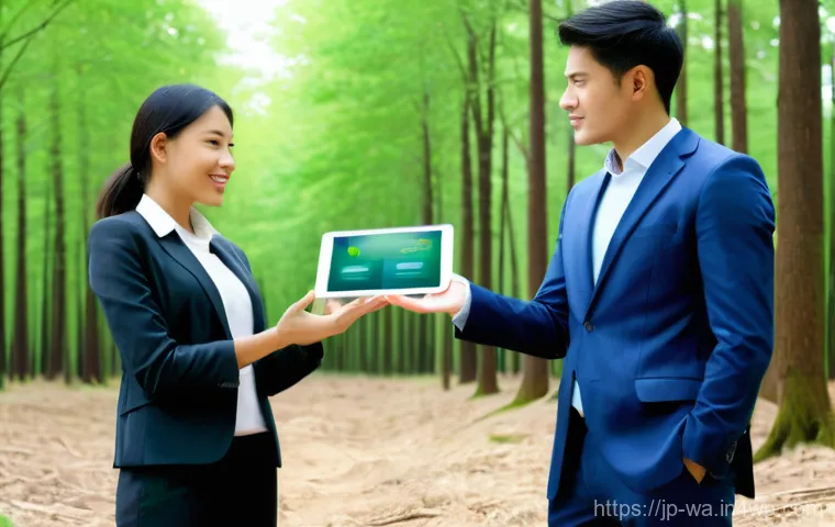 탄소 격리 식재 프로젝트의 법적 측면 - **Prompt:** A modern scene depicting the J-Credit scheme in action. A male and female environmental ...