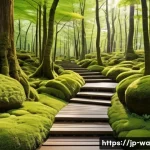 탄소 격리 식재 프로젝트 추진 시 유의사항 - A vibrant Japanese forest scene showcasing diverse native tree species thriving harmoniously in a te...