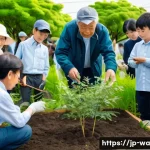탄소 격리 식재 프로젝트의 법적 요구사항 - A detailed scene of a community tree-planting event in a Japanese suburban area, showing diverse loc...