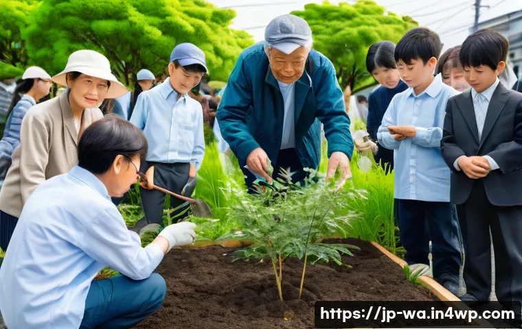 탄소 격리 식재 프로젝트의 법적 요구사항 - A detailed scene of a community tree-planting event in a Japanese suburban area, showing diverse loc...