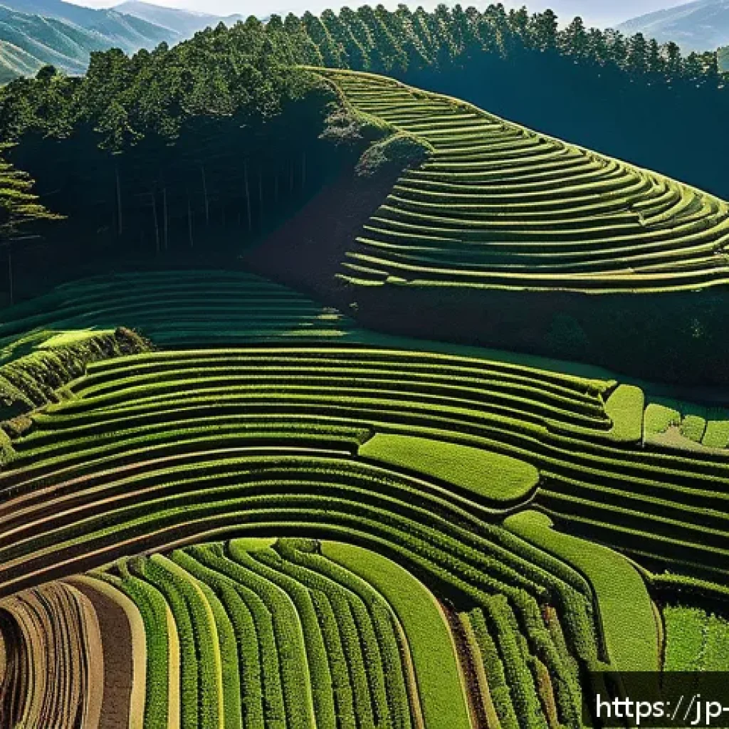 탄소 격리 식재 프로젝트의 운영 관리 방안 - A detailed aerial view of a sustainable carbon sequestration forest plantation site in Japan, showin...