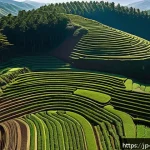 탄소 격리 식재 프로젝트의 운영 관리 방안 - A detailed aerial view of a sustainable carbon sequestration forest plantation site in Japan, showin...