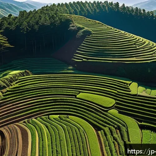 탄소 격리 식재 프로젝트의 운영 관리 방안 - A detailed aerial view of a sustainable carbon sequestration forest plantation site in Japan, showin...