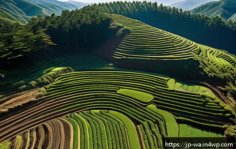 탄소 격리 식재 프로젝트의 운영 관리 방안 - A detailed aerial view of a sustainable carbon sequestration forest plantation site in Japan, showin...