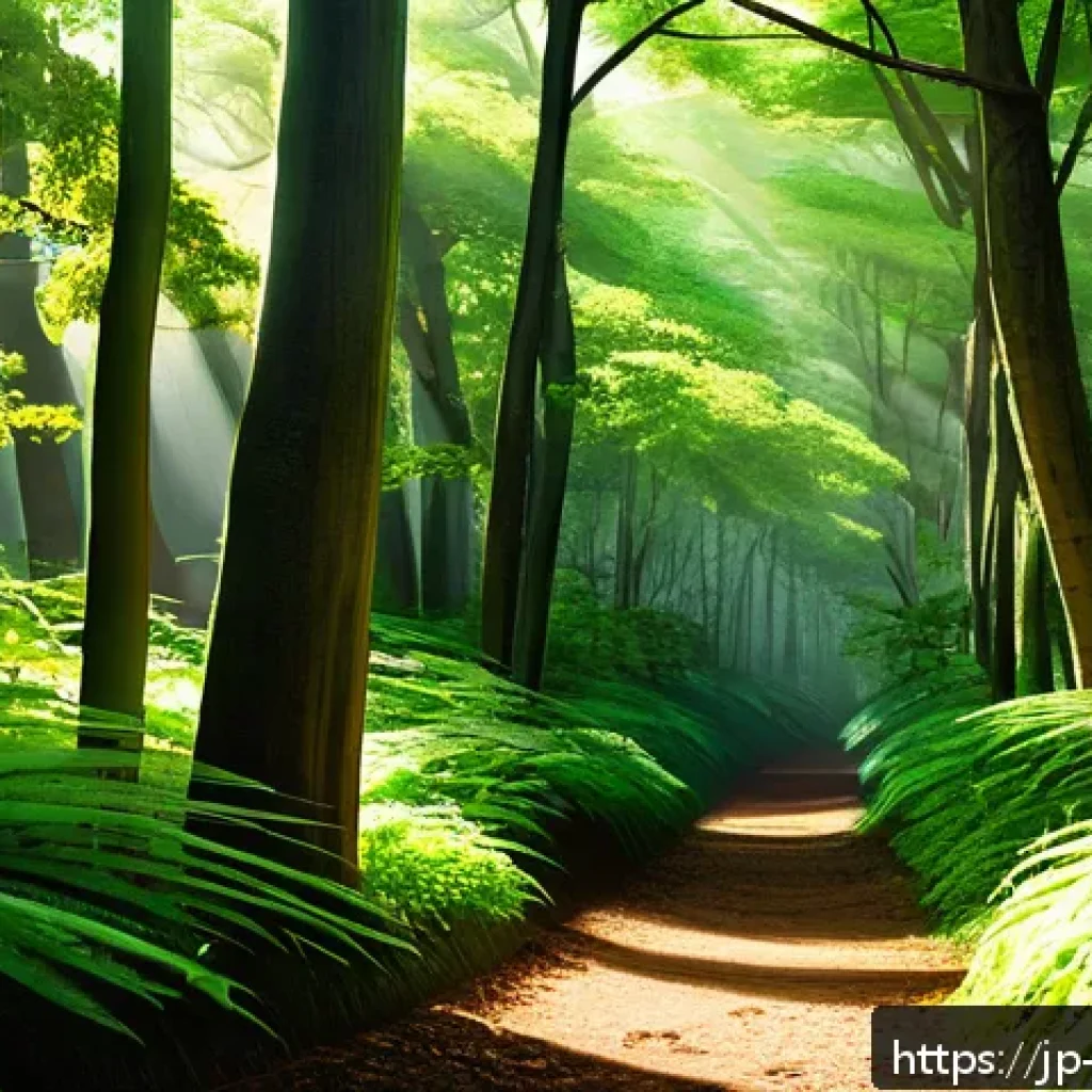 탄소 격리 식재 프로젝트의 지속 가능한 솔루션 - A lush temperate forest scene in a warm, humid region featuring diverse tree species such as camphor...