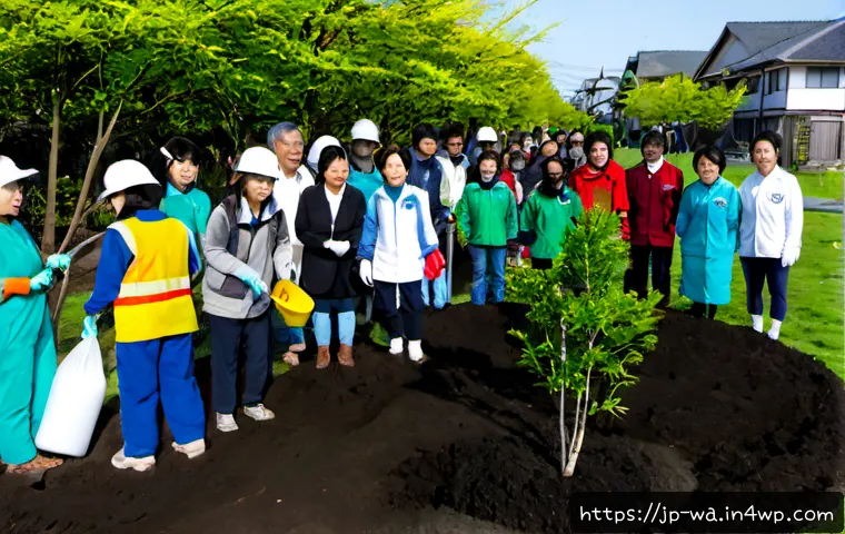 탄소 격리 식재의 커뮤니티 기반 프로젝트 - Photorealistic community carbon sequestration planting project in a Japanese neighborhood, diverse l...