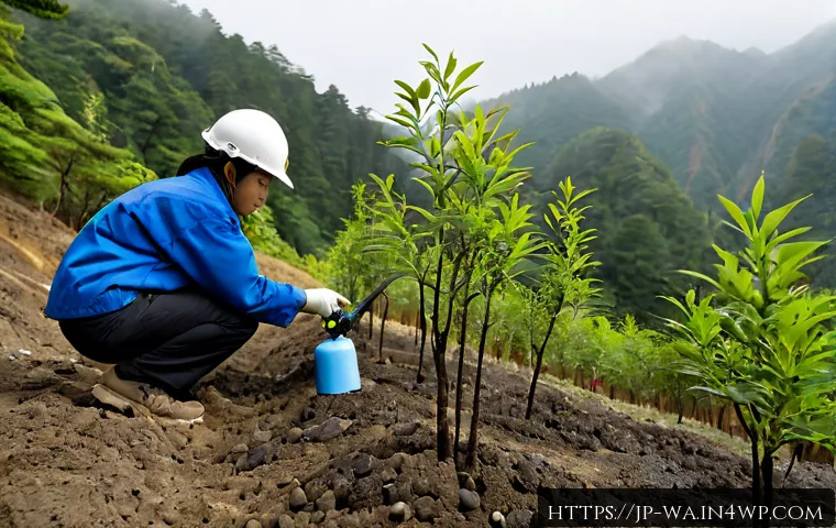 탄소 격리 식재 프로젝트의 기술적 도전과제 - Photorealistic reforestation research site in rural Japan, Japanese forestry engineer in safety helm...